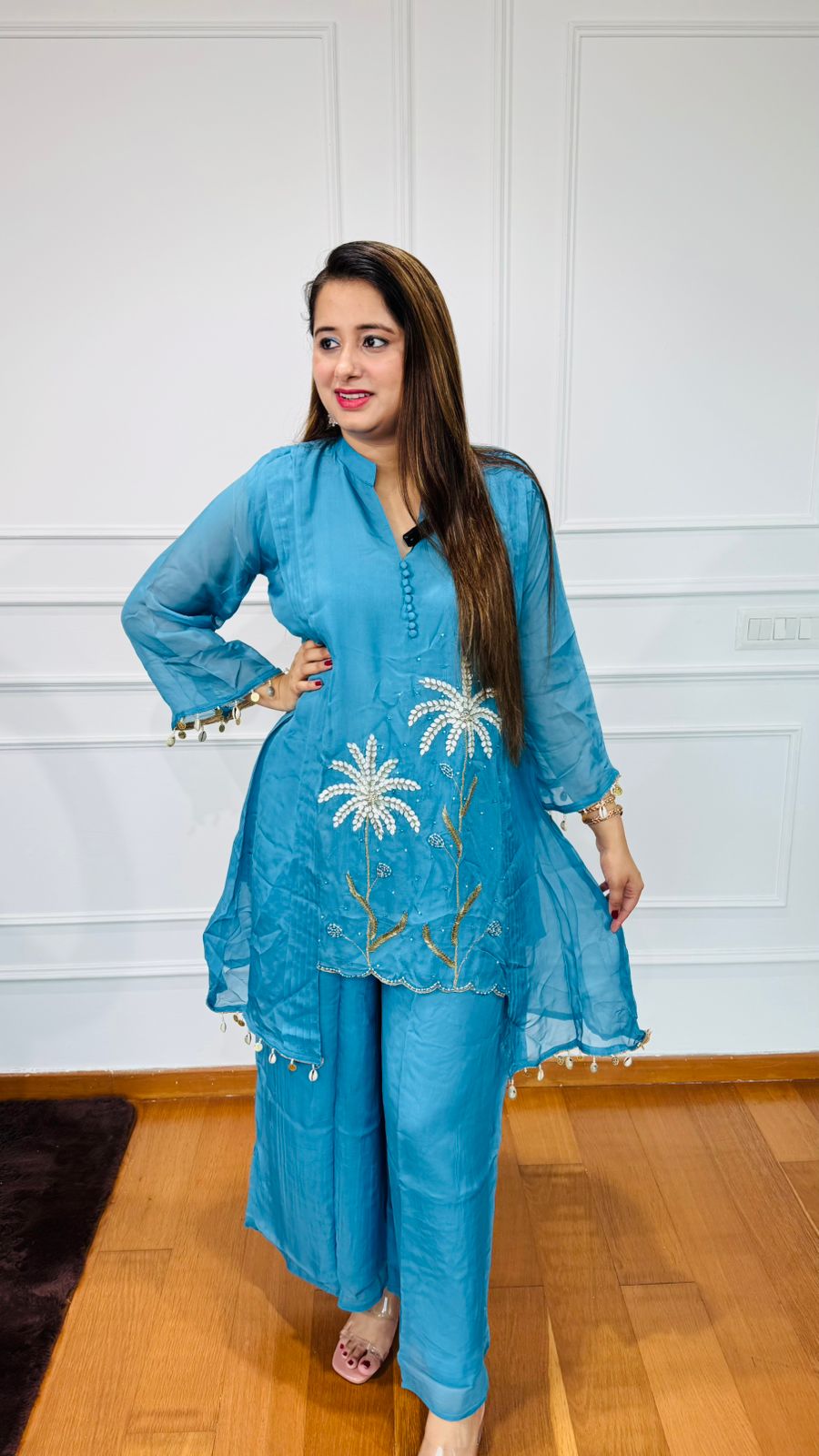 TATA | Designer Blue Organza Kurta Set – Daisy Motif Embroidery for Festive & Daywear