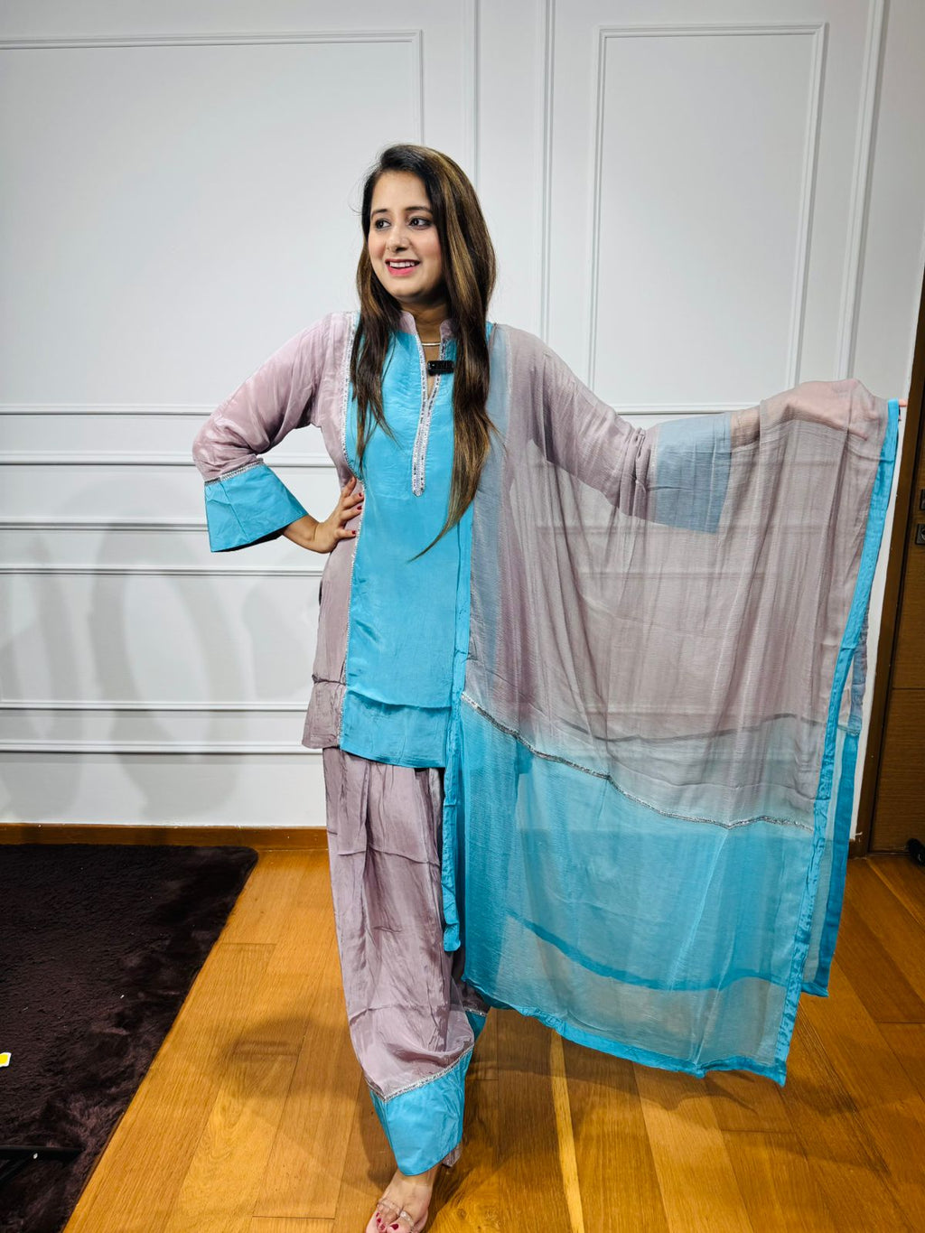 INAYAT | Colorblock Blue-Lavender Kurta Suit Set with Organza Dupatta – Summer Ethnic Collection