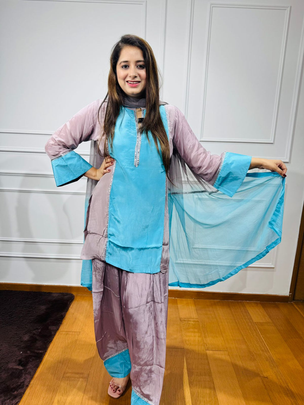 INAYAT | Colorblock Blue-Lavender Kurta Suit Set with Organza Dupatta – Summer Ethnic Collection