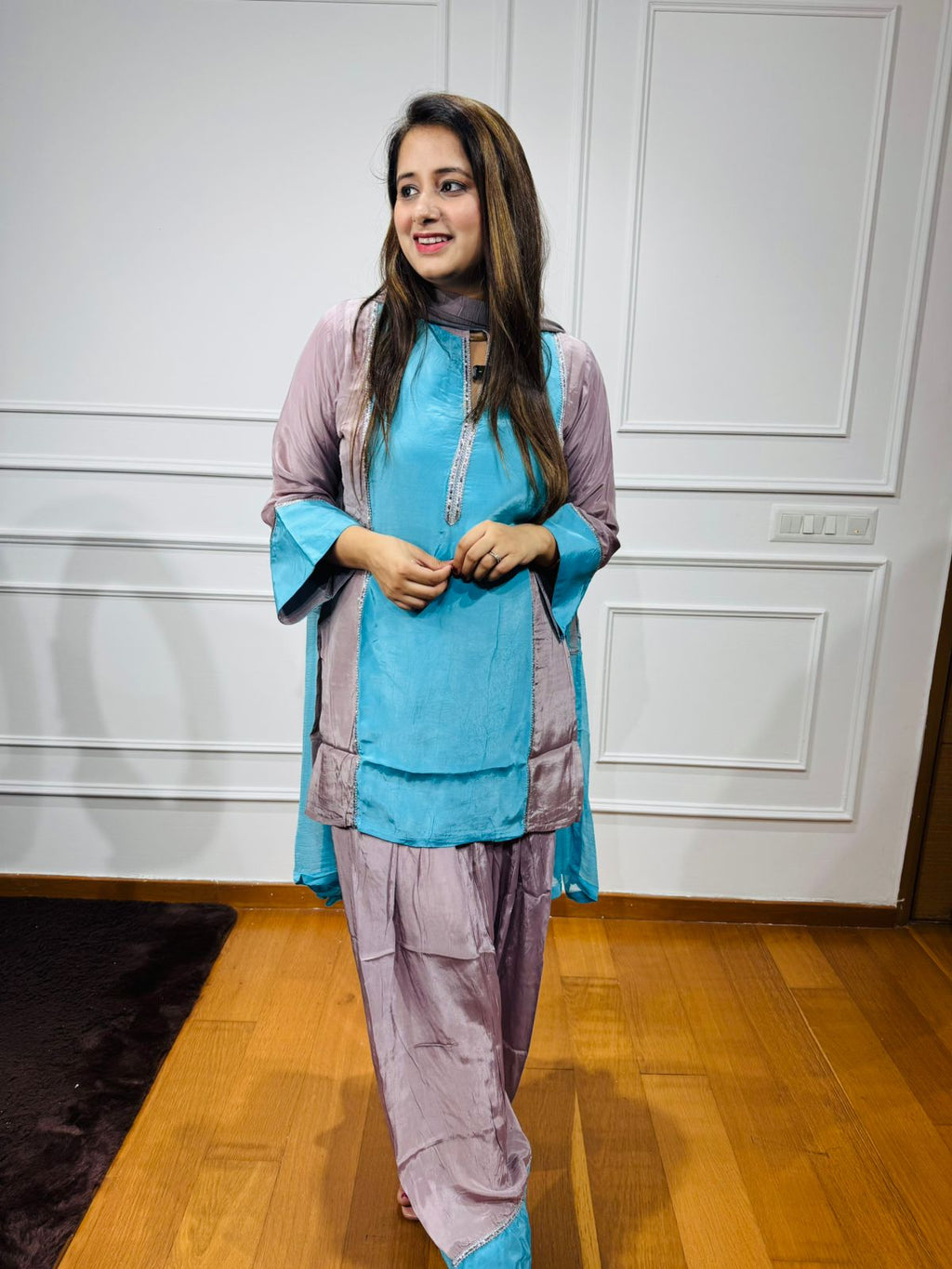 INAYAT | Colorblock Blue-Lavender Kurta Suit Set with Organza Dupatta – Summer Ethnic Collection