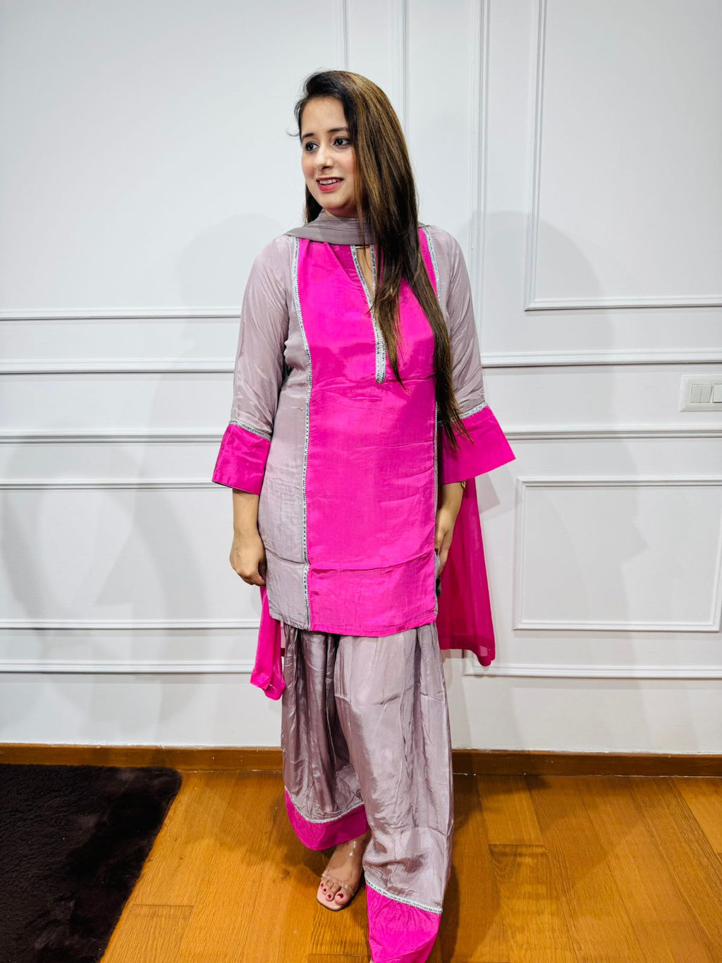 INAYAT | Pink Contrast Panel Kurta Set with Grey Pants – Modern Summer Ethnic Collection