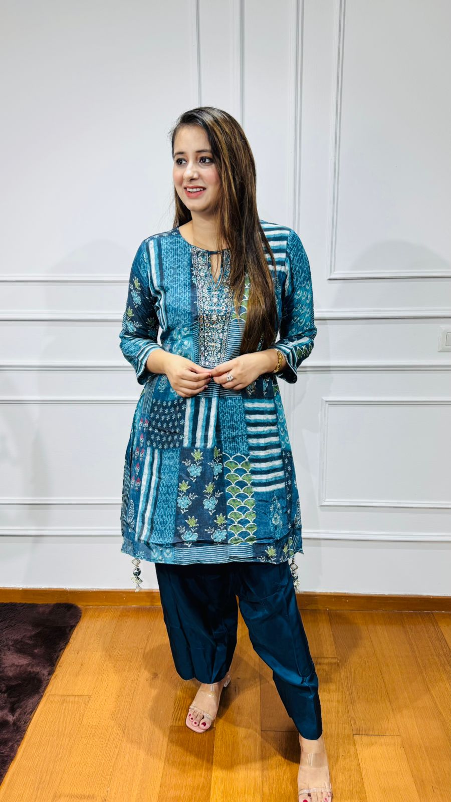 GUNGUN | Teal Blue Patchwork Kurta Set with Silk Dhoti Bottoms – Designer Bohemian Suit