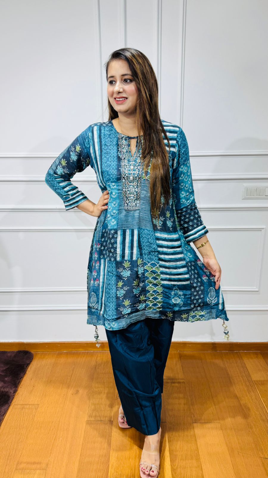 GUNGUN | Teal Blue Patchwork Kurta Set with Silk Dhoti Bottoms – Designer Bohemian Suit