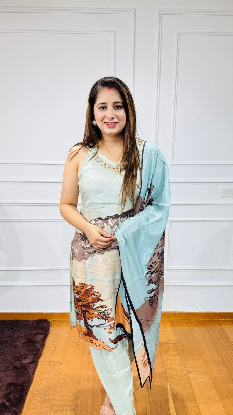 VANA | Mint Green Landscape Printed Suit Set with Silk Dupatta – Artistic Summer Designer Wear