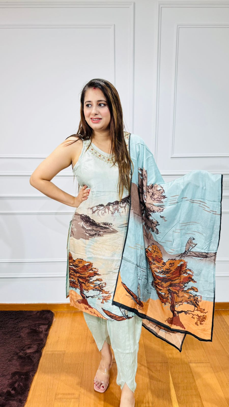 VANA | Mint Green Landscape Printed Suit Set with Silk Dupatta – Artistic Summer Designer Wear