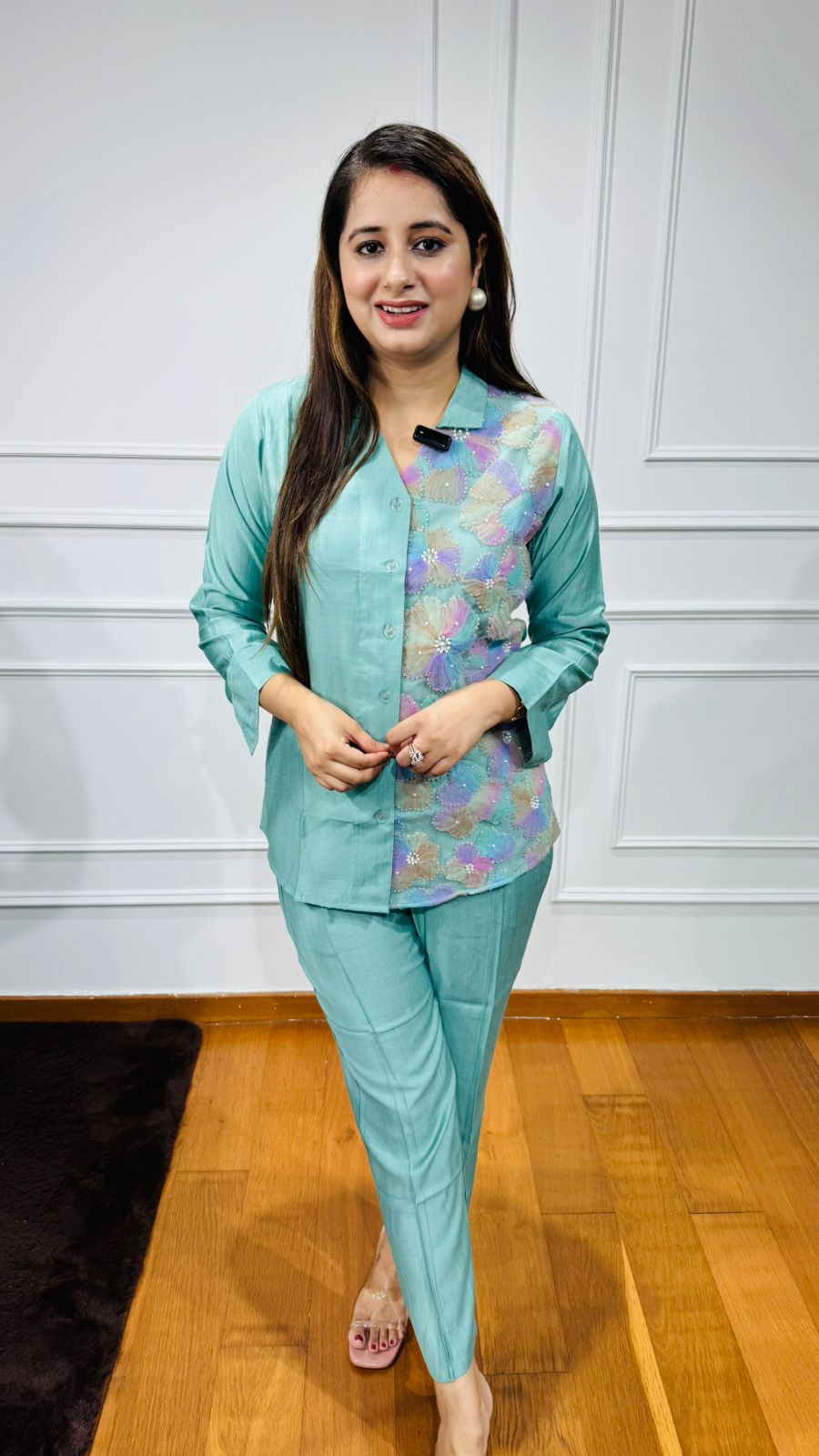 PAARTH | Designer Aqua Blue Sequin Work Shirt Set – Party & Formal Wear