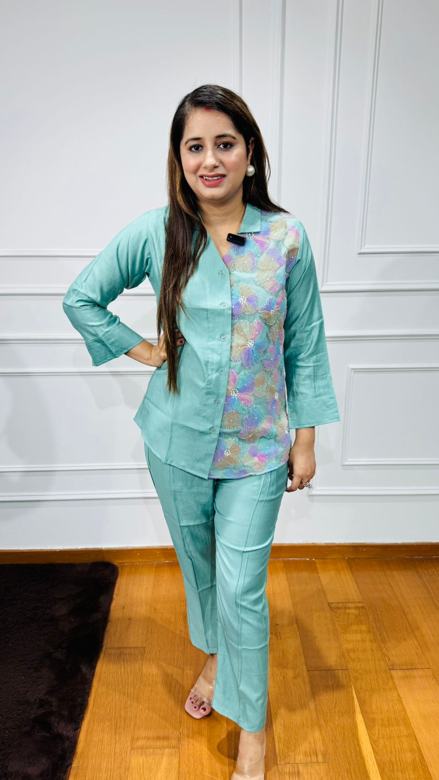 PAARTH | Designer Aqua Blue Sequin Work Shirt Set – Party & Formal Wear