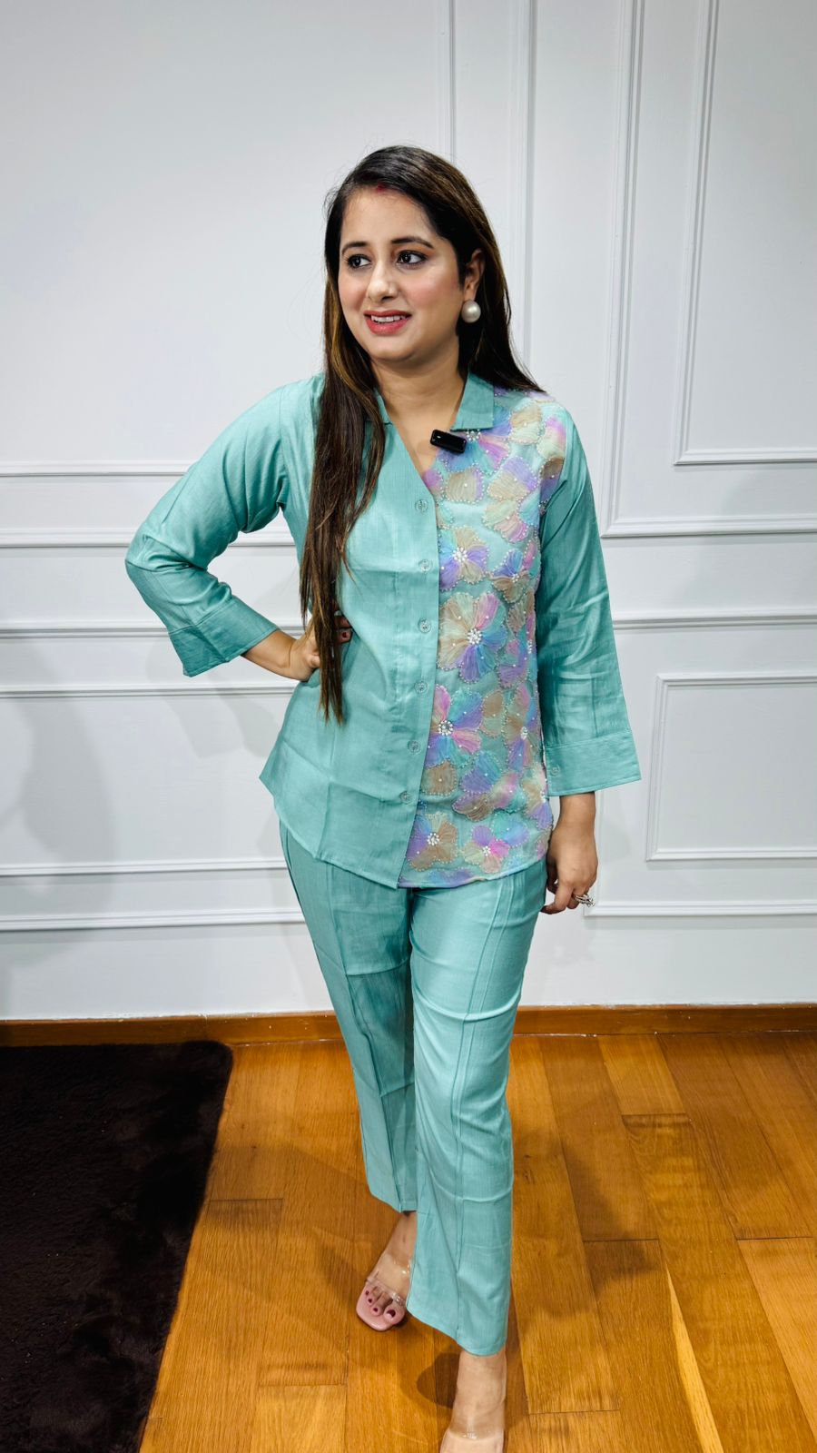 PAARTH | Designer Aqua Blue Sequin Work Shirt Set – Party & Formal Wear