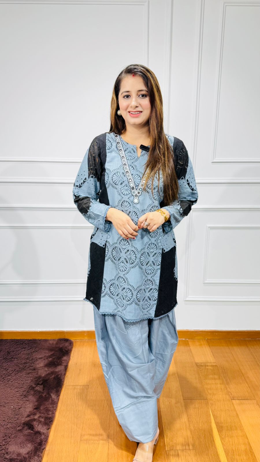 BEAUTY | Designer Blue Cotton Kurta Set with Black Patch Lacework and Dhoti Bottoms
