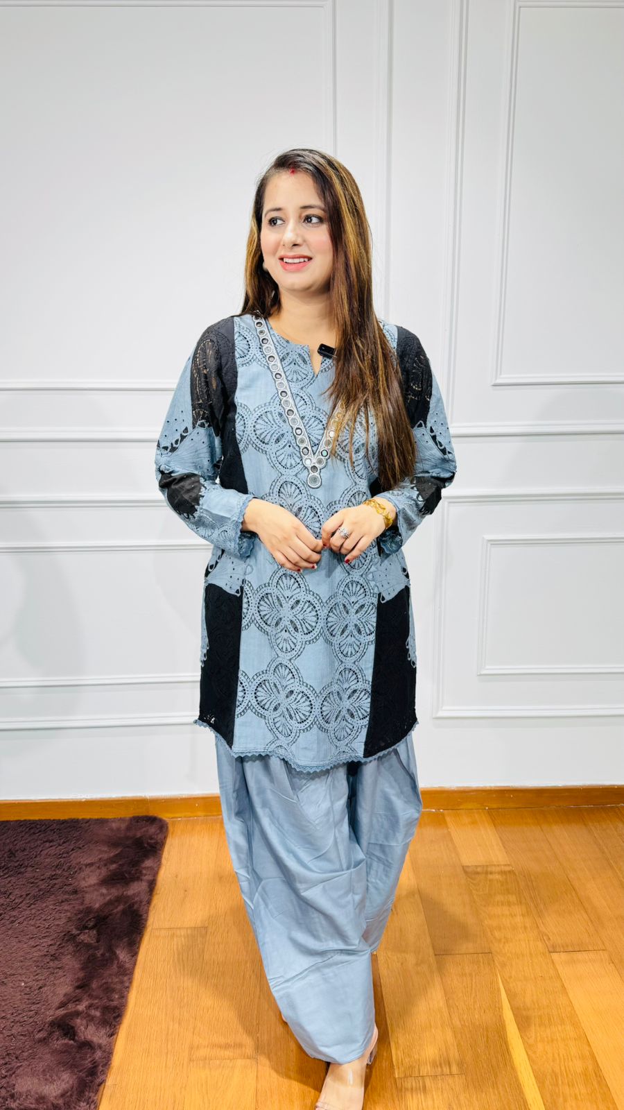 BEAUTY | Designer Blue Cotton Kurta Set with Black Patch Lacework and Dhoti Bottoms
