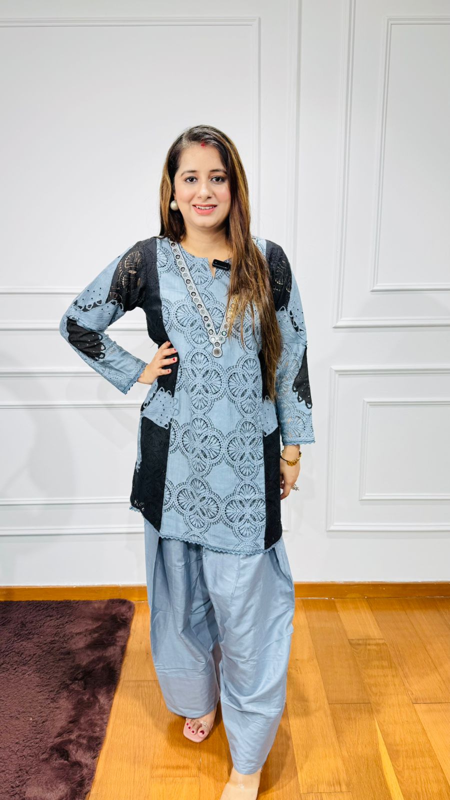 BEAUTY | Designer Blue Cotton Kurta Set with Black Patch Lacework and Dhoti Bottoms