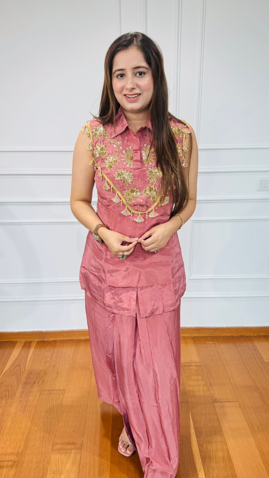 MORNI🦚 | Trendy Rose Pink Sleeveless Coordset – Festive Sequin Embroidery and Shirt Collar