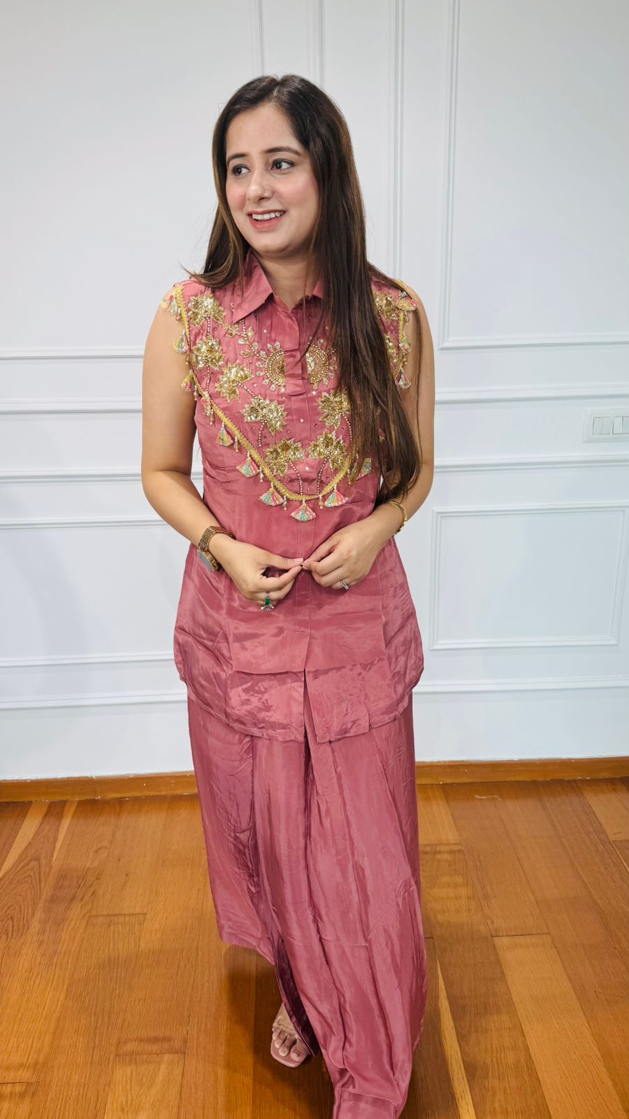 MORNI🦚 | Trendy Rose Pink Sleeveless Coordset – Festive Sequin Embroidery and Shirt Collar