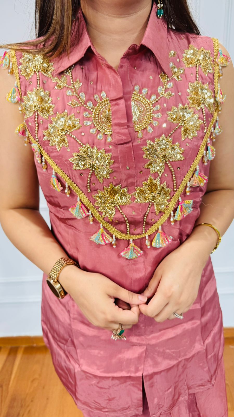 MORNI🦚 | Trendy Rose Pink Sleeveless Coordset – Festive Sequin Embroidery and Shirt Collar