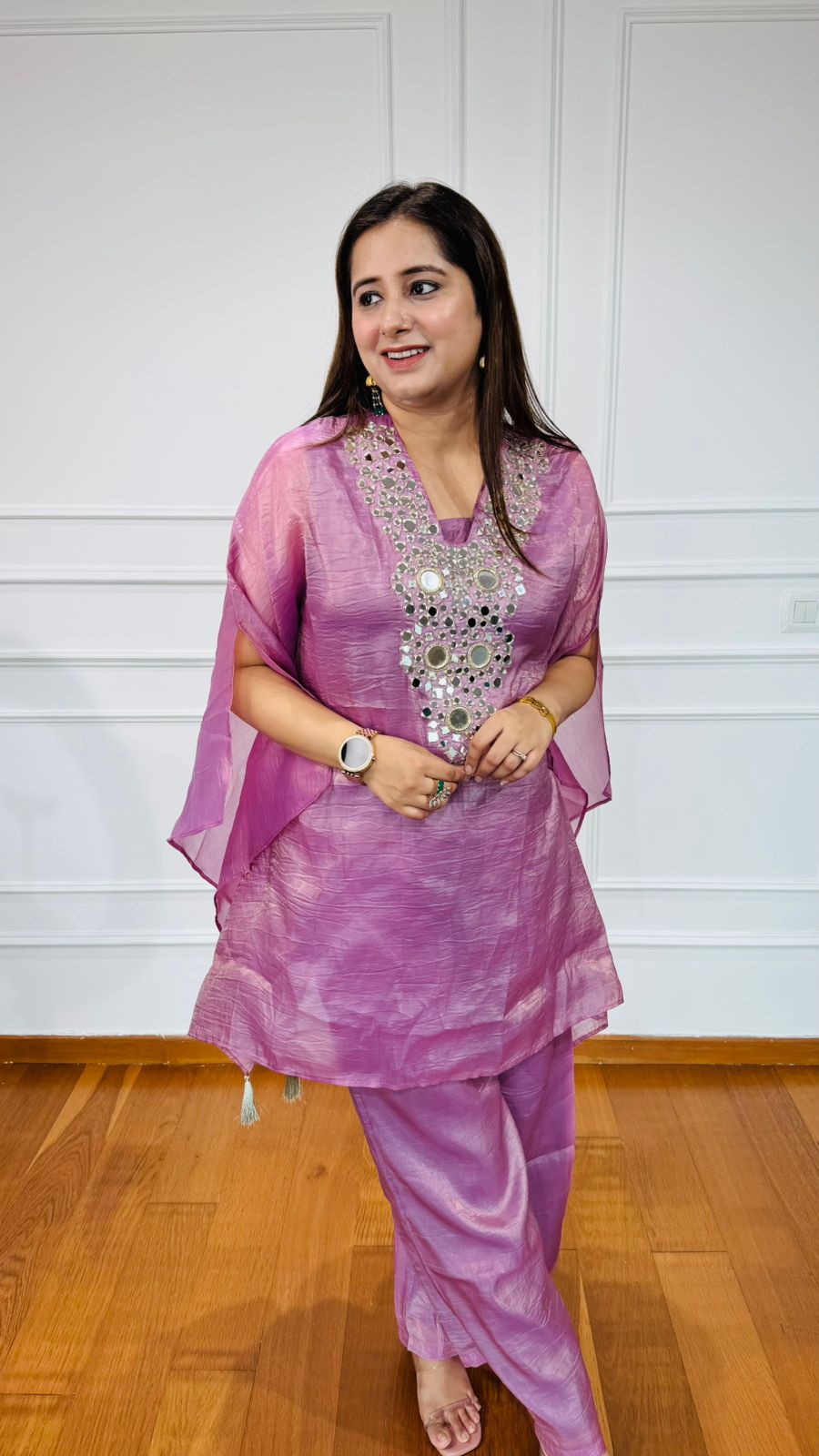 VRINDA✨ | Lilac Organza Kaftan Set with Heavy Mirror Work – Festive & Partywear