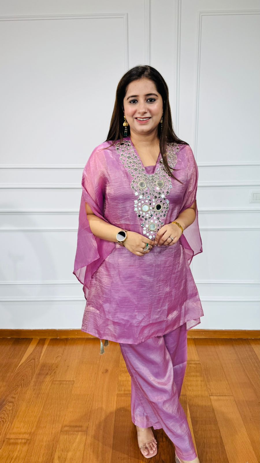 VRINDA✨ | Lilac Organza Kaftan Set with Heavy Mirror Work – Festive & Partywear