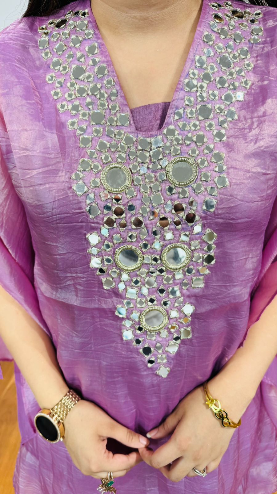 VRINDA✨ | Lilac Organza Kaftan Set with Heavy Mirror Work – Festive & Partywear