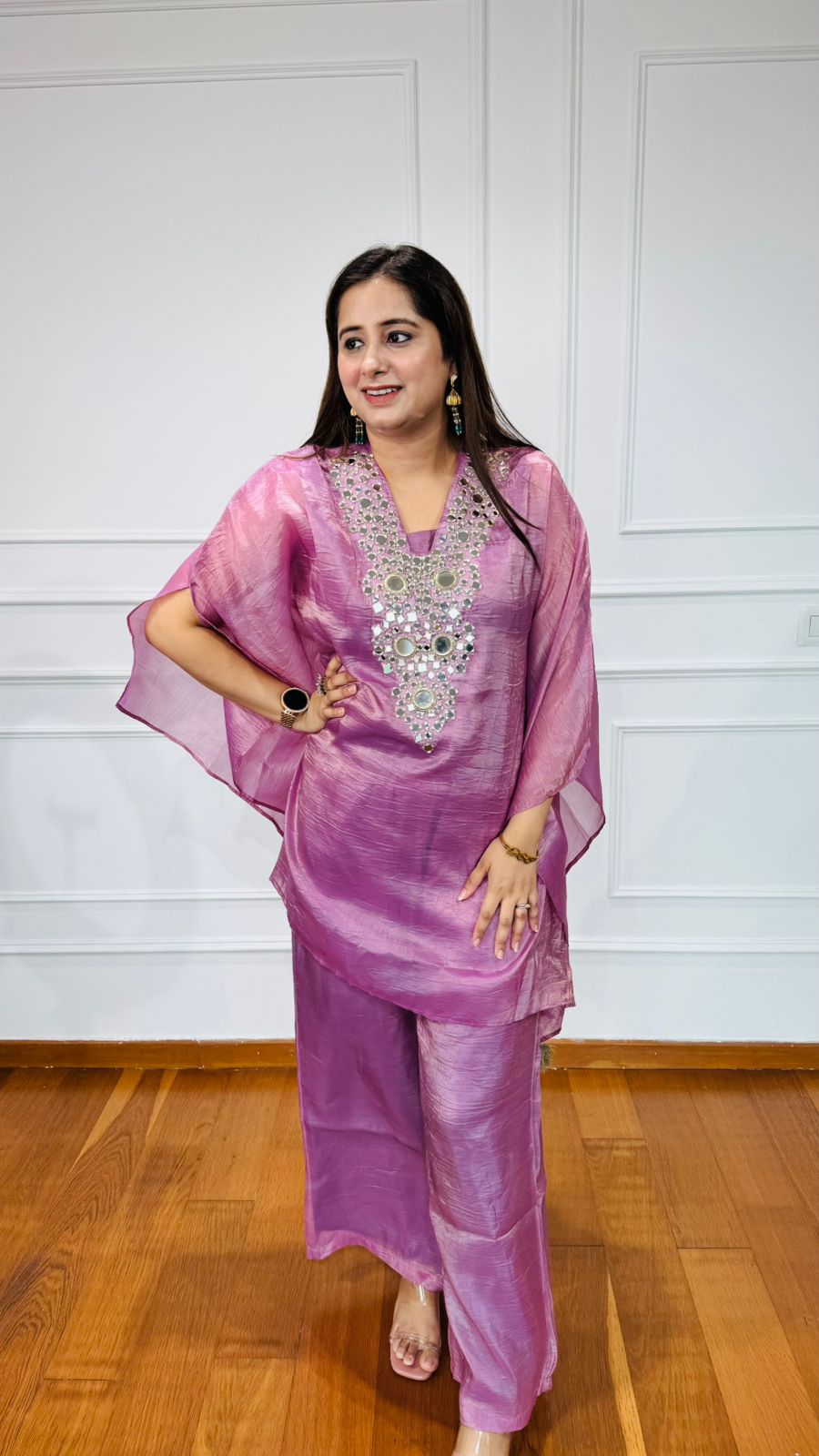 VRINDA✨ | Lilac Organza Kaftan Set with Heavy Mirror Work – Festive & Partywear