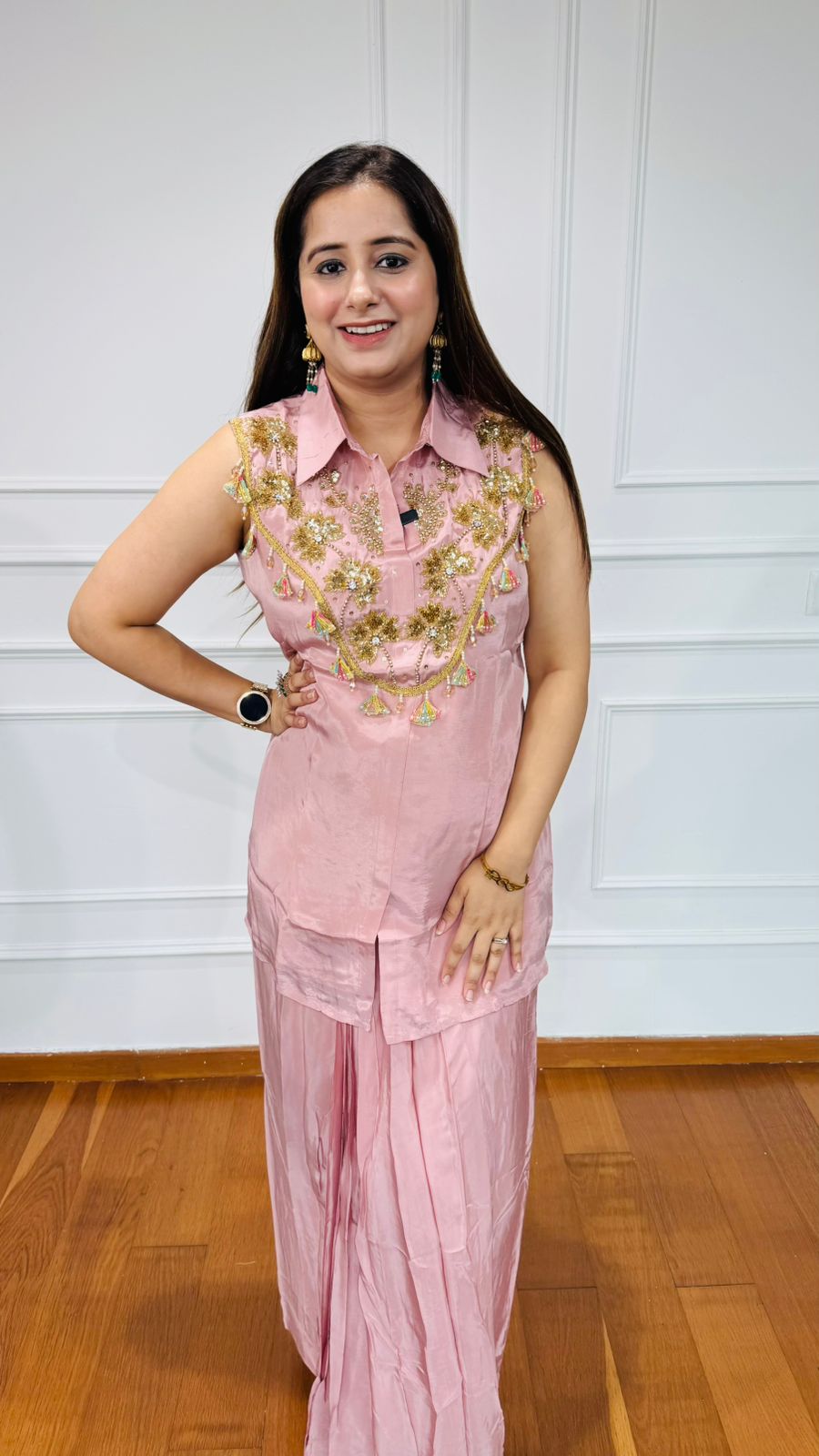 MORNI🦚 | Designer Pink Coordset with Gold Sequin Embroidered Shirt & Palazzo