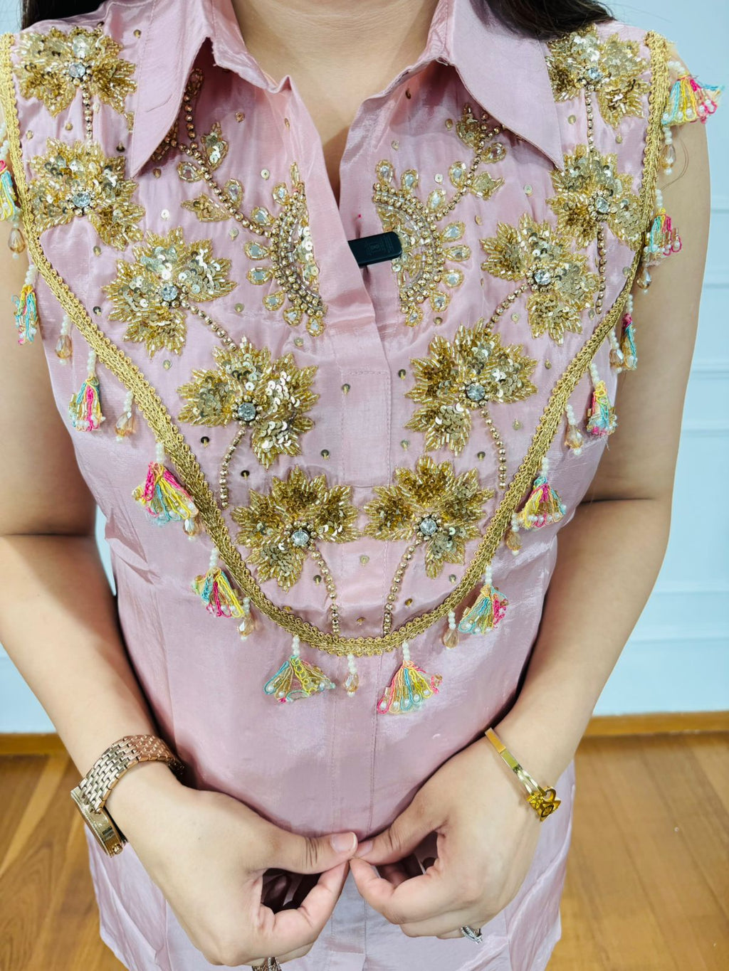 MORNI🦚 | Designer Pink Coordset with Gold Sequin Embroidered Shirt & Palazzo