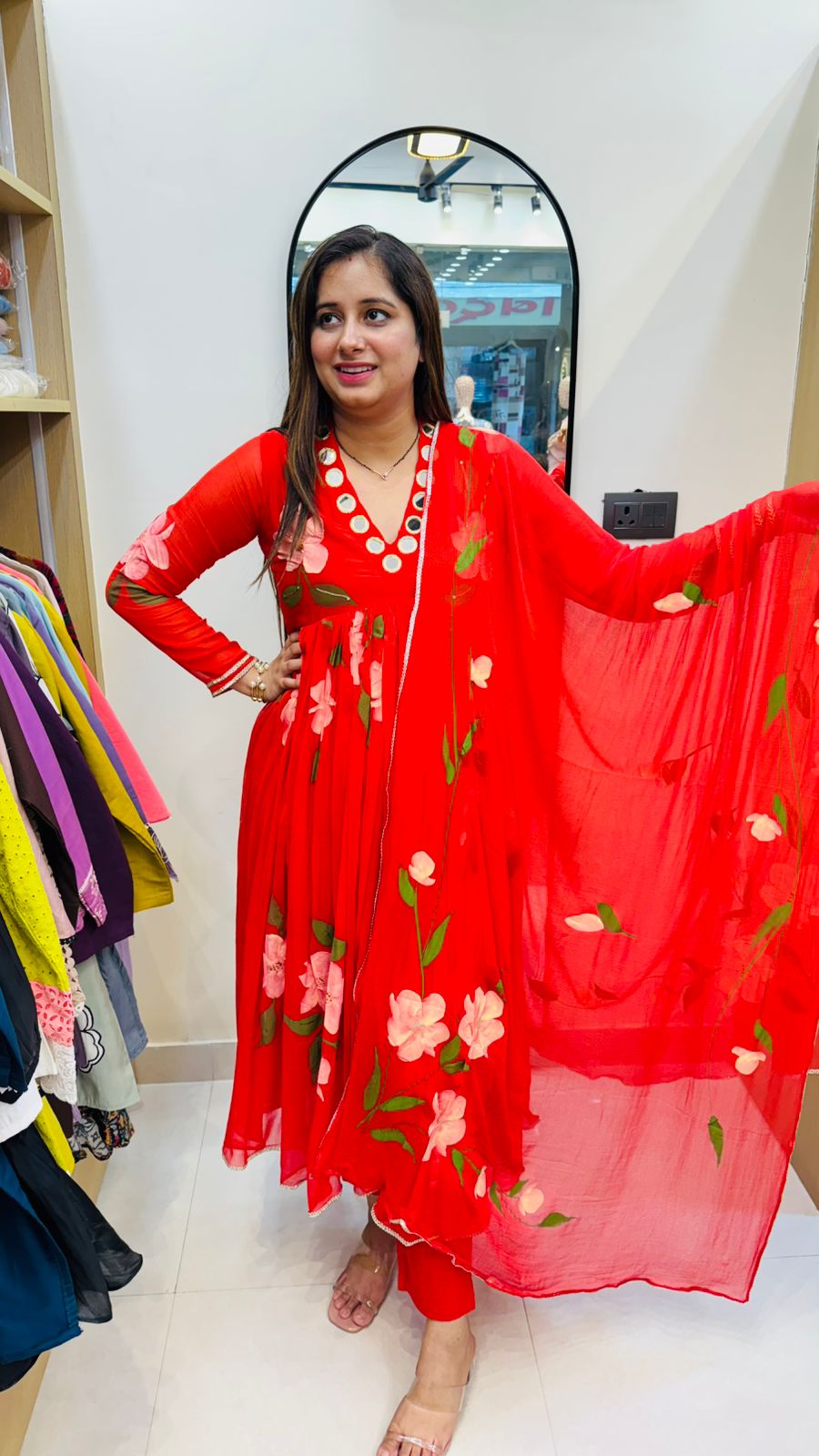 SABHA | Festive Red Floral Anarkali Dress with Mirror Embroidery and Flowy Dupatta