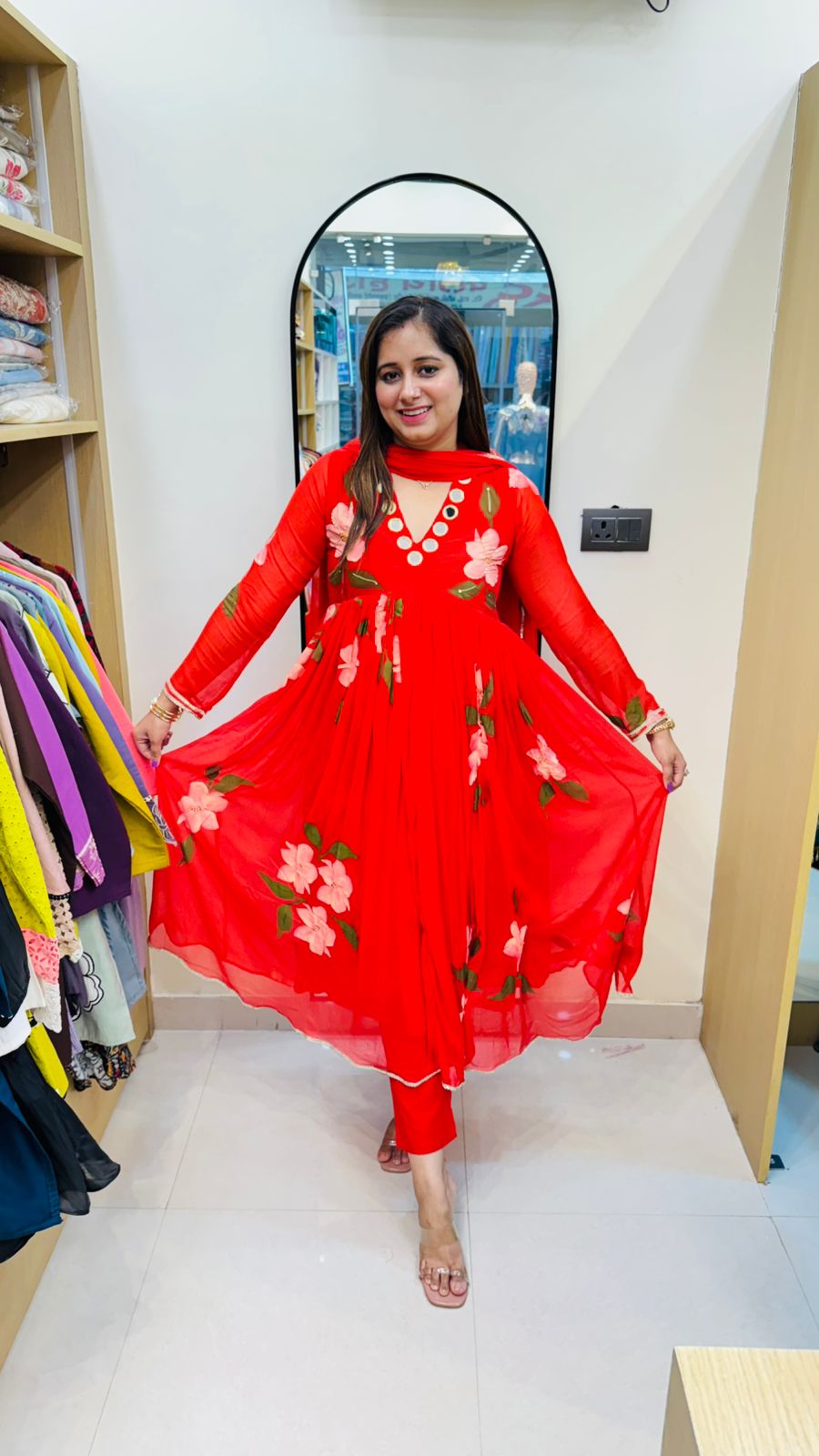 SABHA | Festive Red Floral Anarkali Dress with Mirror Embroidery and Flowy Dupatta