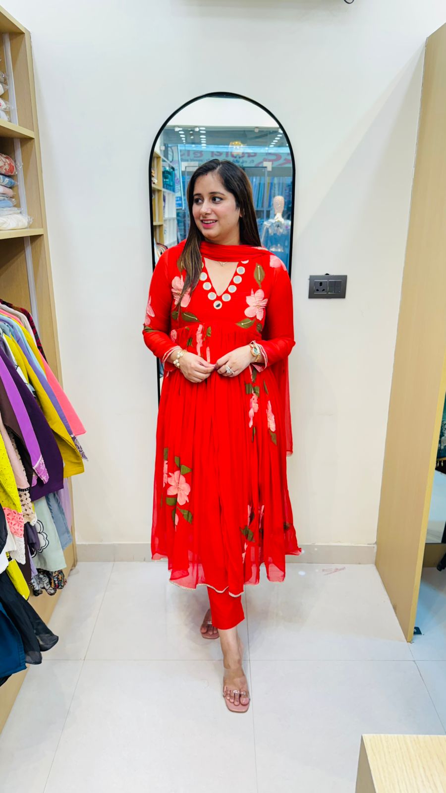 SABHA | Festive Red Floral Anarkali Dress with Mirror Embroidery and Flowy Dupatta