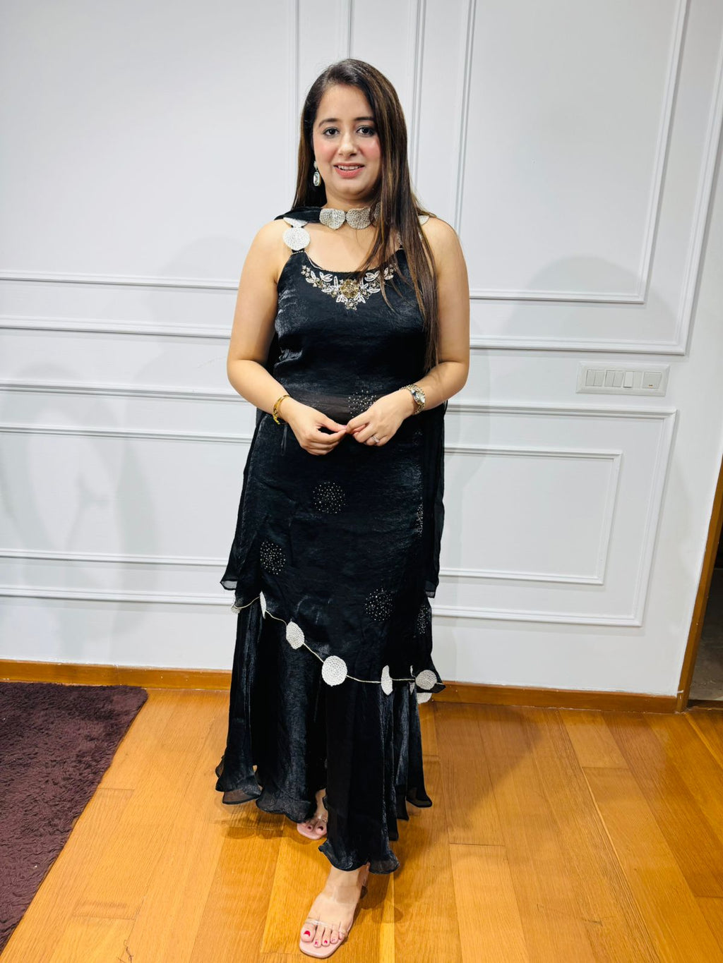 Kipsy🔱 | Elegant Black Ruffle Sharara Set with Silver Neck Embroidery