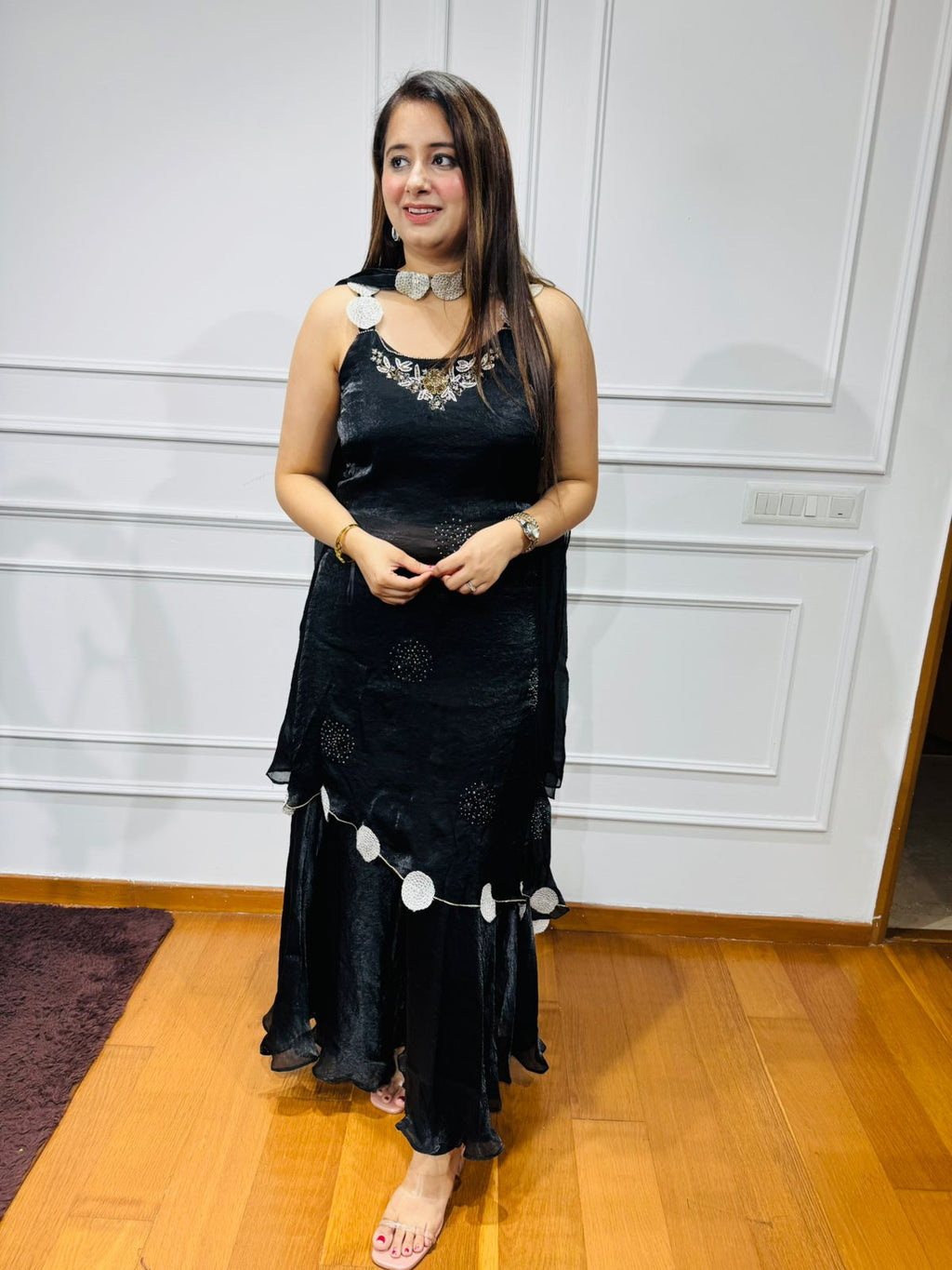 Kipsy🔱 | Elegant Black Ruffle Sharara Set with Silver Neck Embroidery