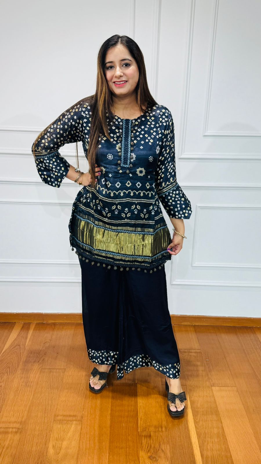 Ayat🌟 | Designer Navy Bandhej Kurta Palazzo Set with Gold Gota Detailing