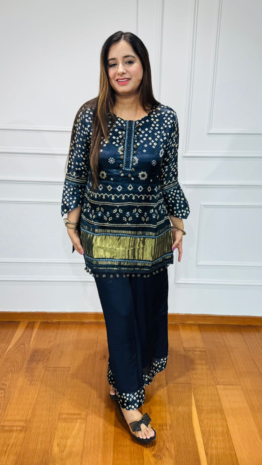 Ayat🌟 | Designer Navy Bandhej Kurta Palazzo Set with Gold Gota Detailing