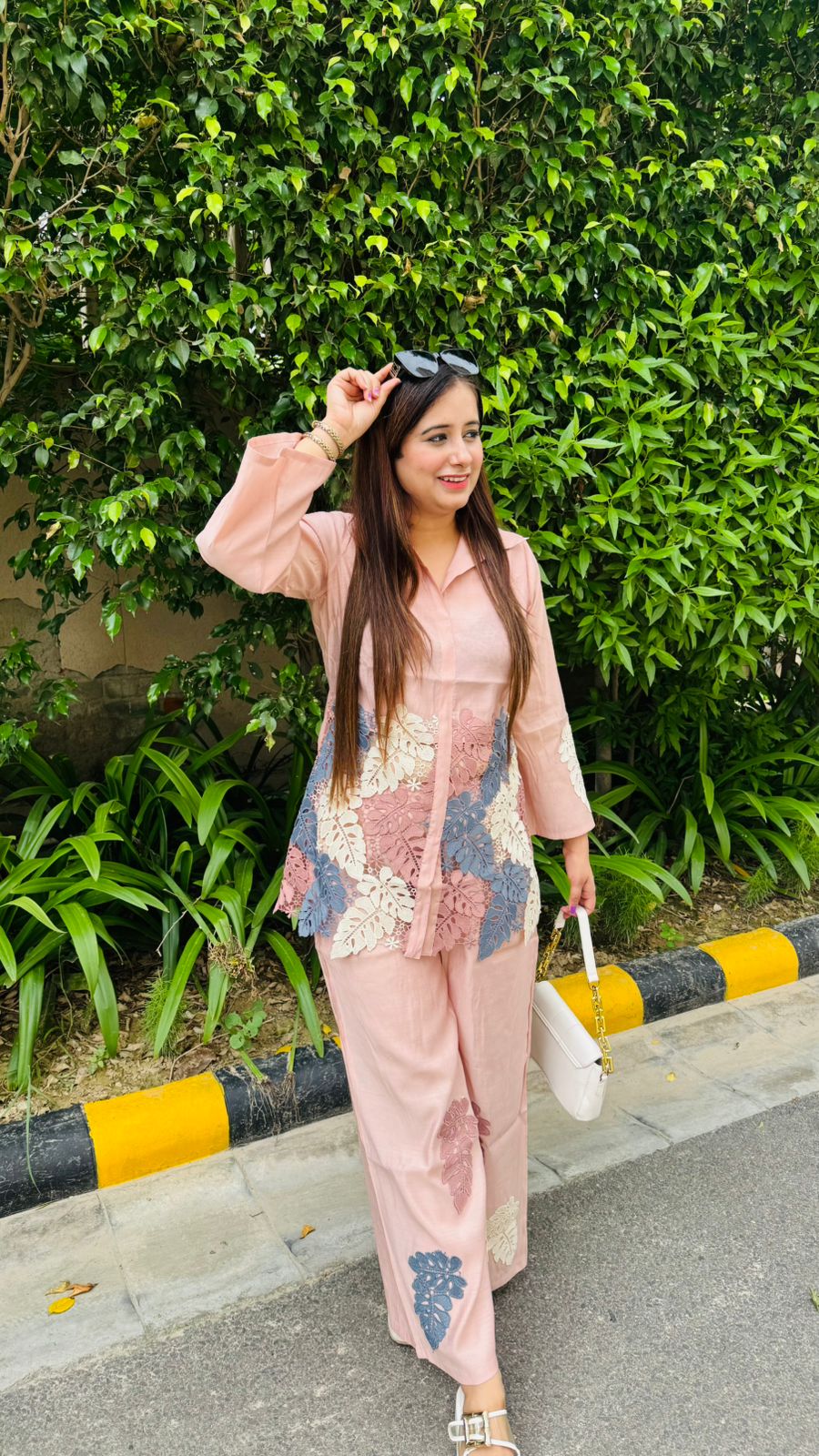 lehar🌊 | Blush Pink Leaf Appliqué Shirt and Wide-Leg Pants Set