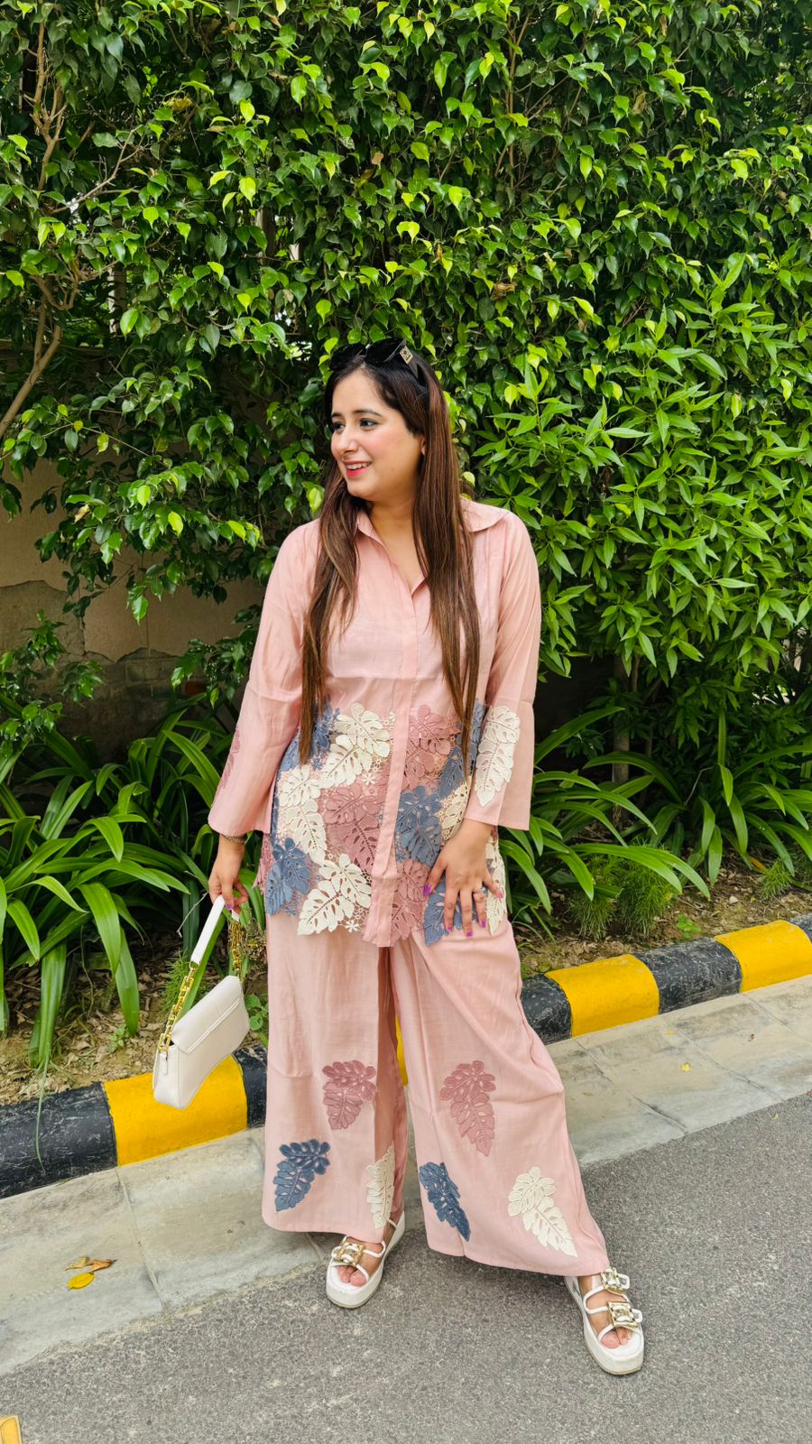 lehar🌊 | Blush Pink Leaf Appliqué Shirt and Wide-Leg Pants Set