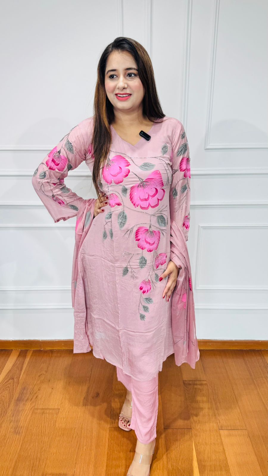 Vasina🌺 | Soft Pink Chanderi Kurta Pant Set with Large Rose Embroidery