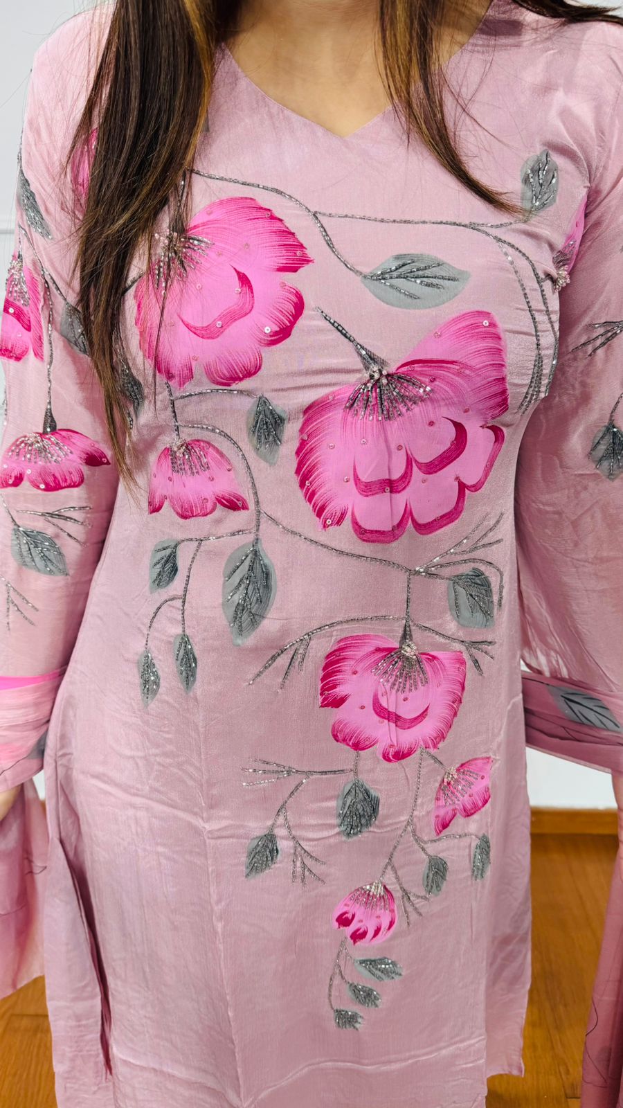 Vasina🌺 | Soft Pink Chanderi Kurta Pant Set with Large Rose Embroidery