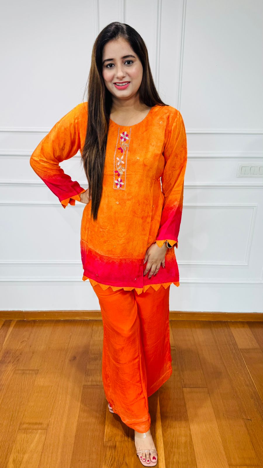 Nasreen🌿 | Bold Ombre Kurta Palazzo Set with Scallop Detailing