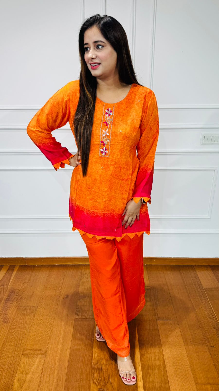 Nasreen🌿 | Bold Ombre Kurta Palazzo Set with Scallop Detailing