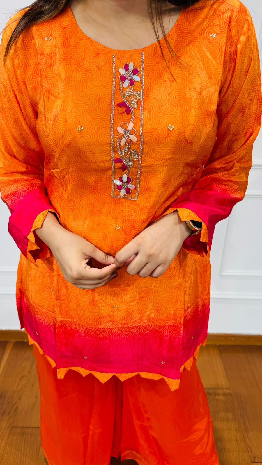 Nasreen🌿 | Bold Ombre Kurta Palazzo Set with Scallop Detailing