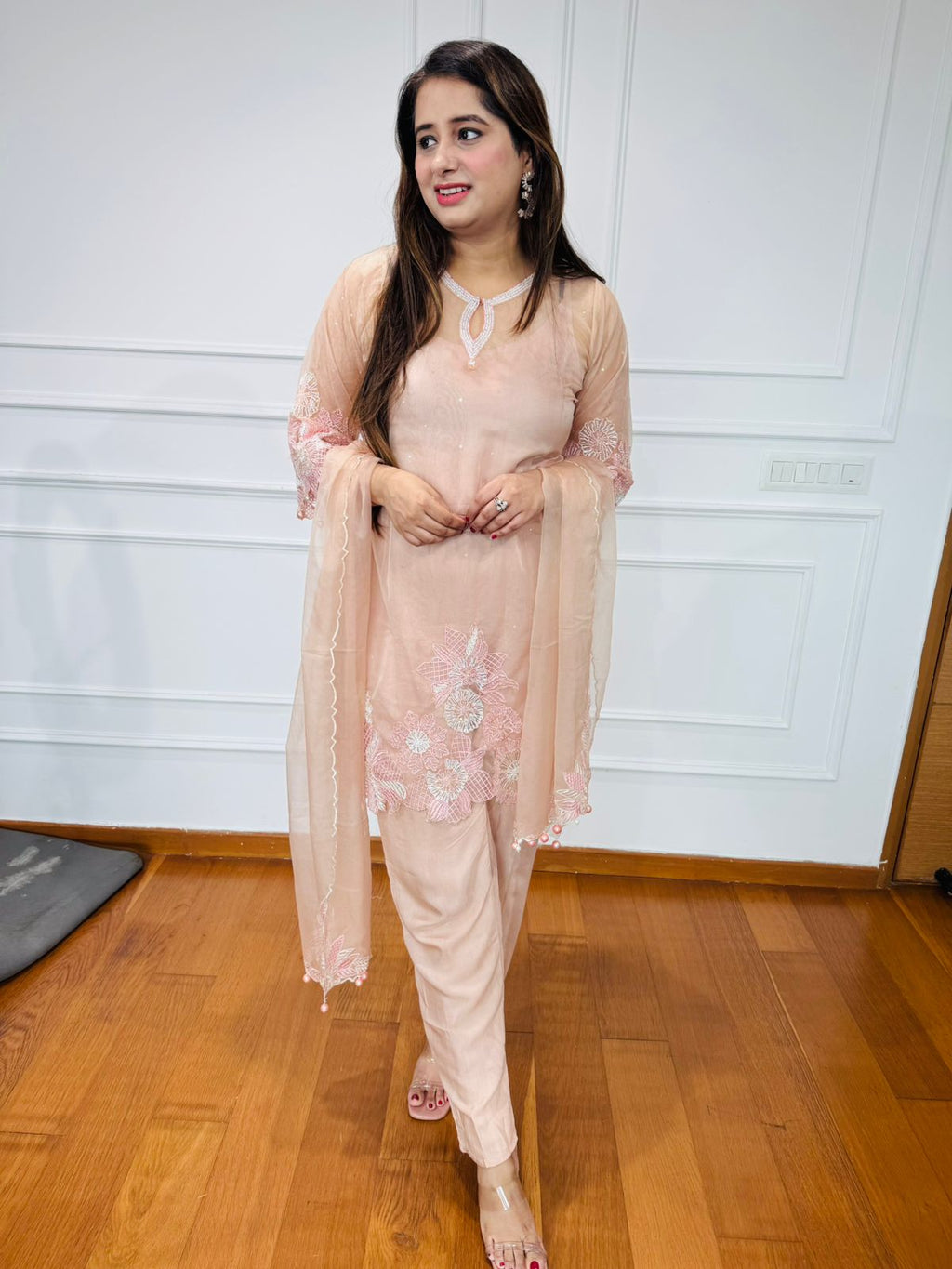 Katrina💫 | Pastel Pink Floral Embroidered Suit Set with Dupatta