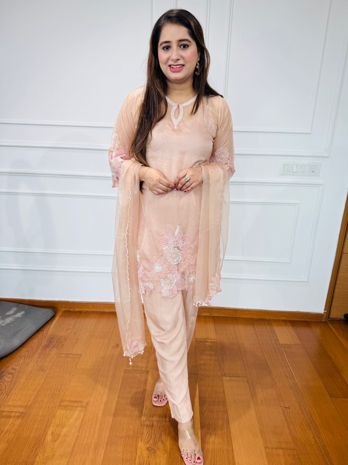 Katrina💫 | Pastel Pink Floral Embroidered Suit Set with Dupatta