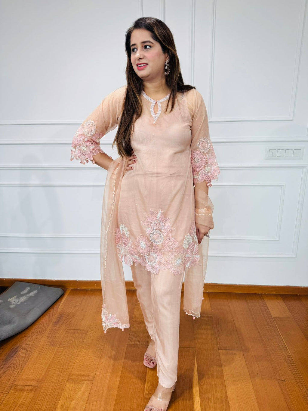 Katrina💫 | Pastel Pink Floral Embroidered Suit Set with Dupatta