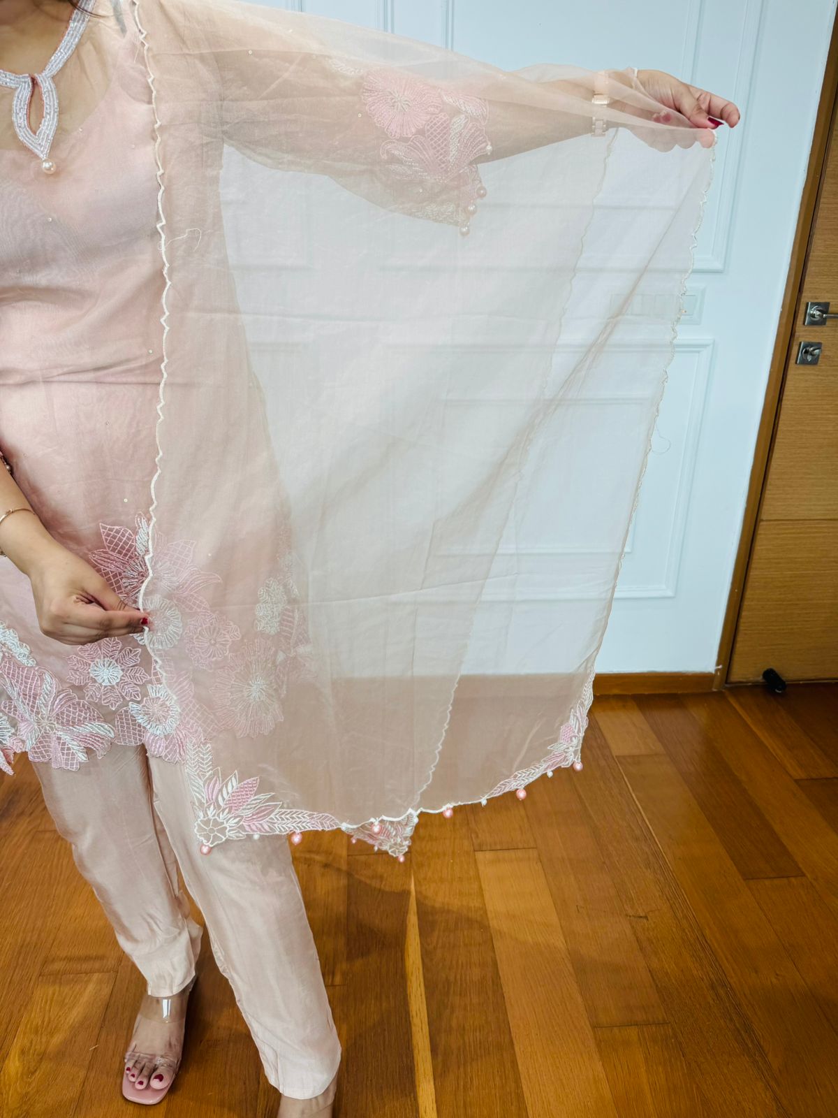 Katrina💫 | Pastel Pink Floral Embroidered Suit Set with Dupatta