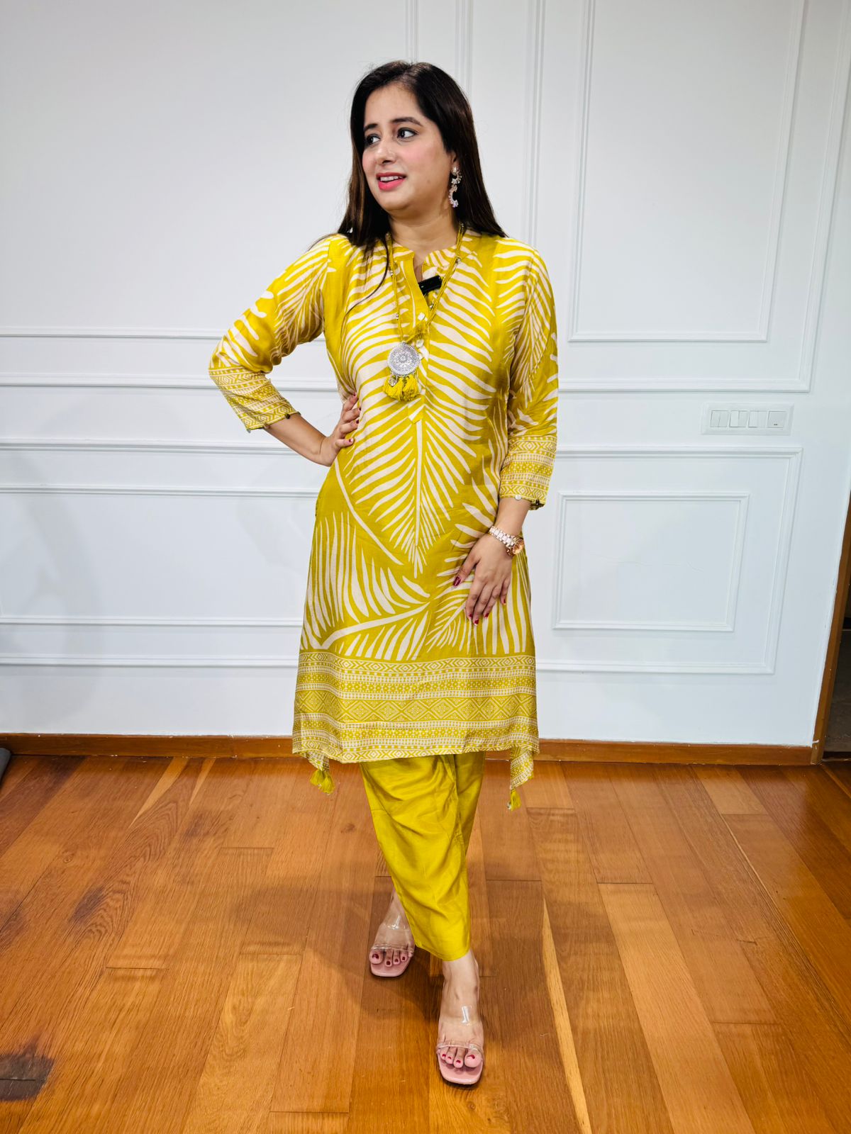 Varnika ✨ | Mustard Printed Kurta Set with Tribal Motif Necklace