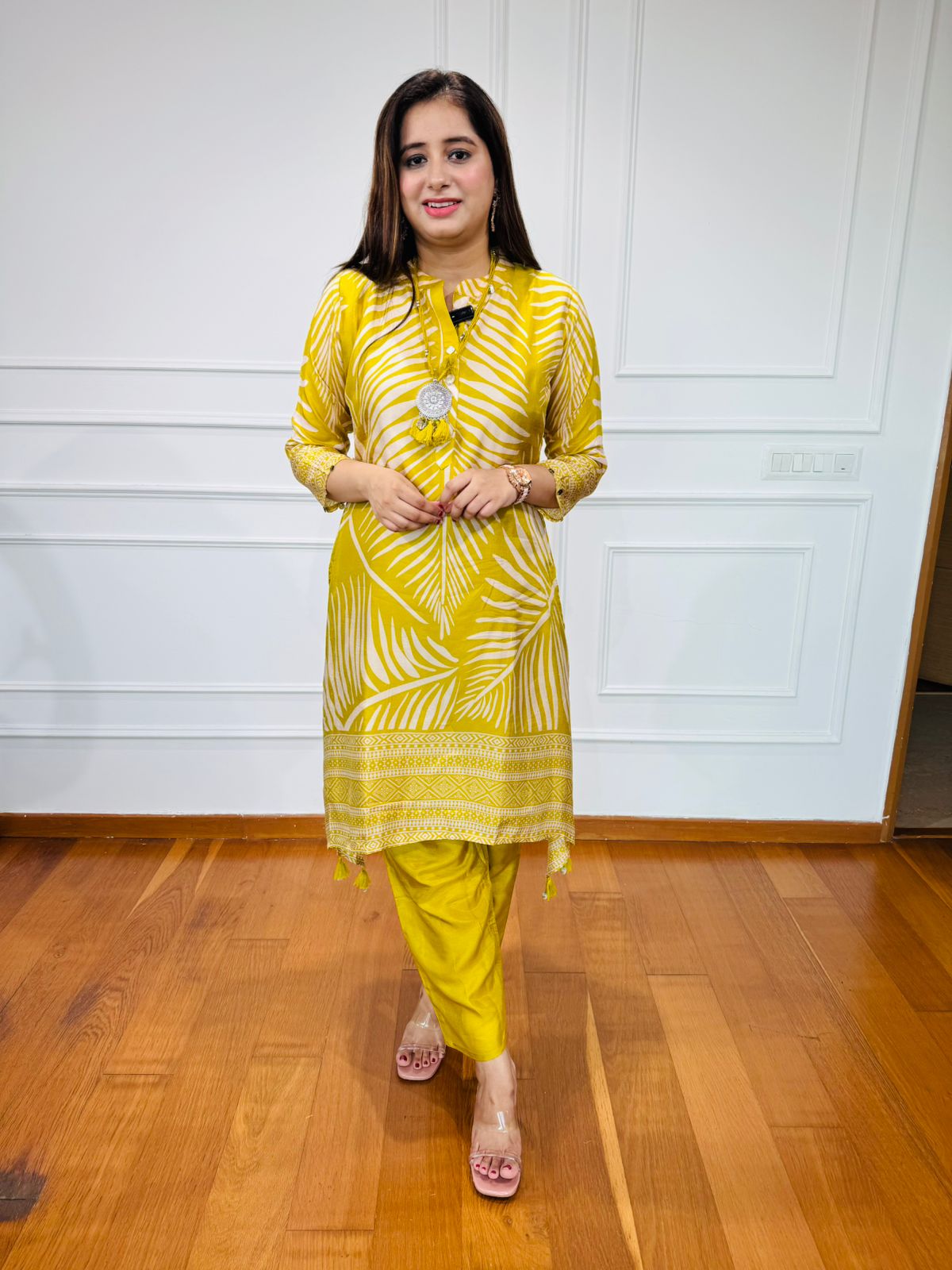 Varnika ✨ | Mustard Printed Kurta Set with Tribal Motif Necklace