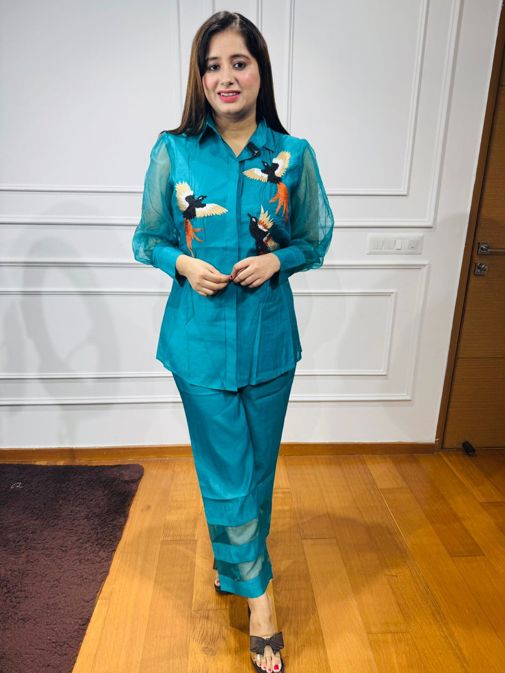 Kalki🐎 | Embroidered Bird Motif Blue Shirt & Pant Set