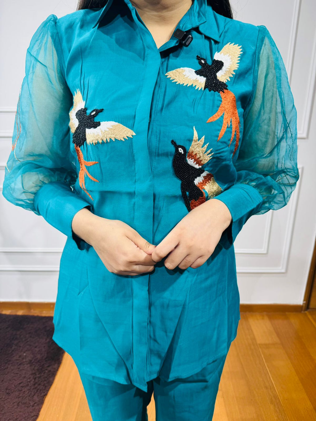 Kalki🐎 | Embroidered Bird Motif Blue Shirt & Pant Set