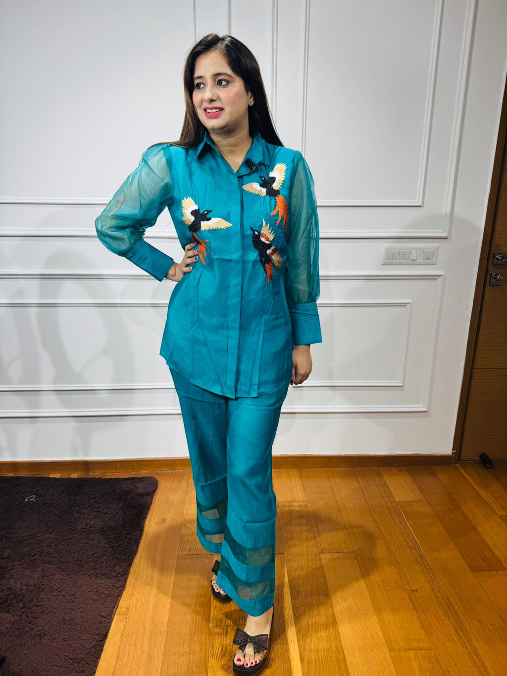 Kalki🐎 | Embroidered Bird Motif Blue Shirt & Pant Set