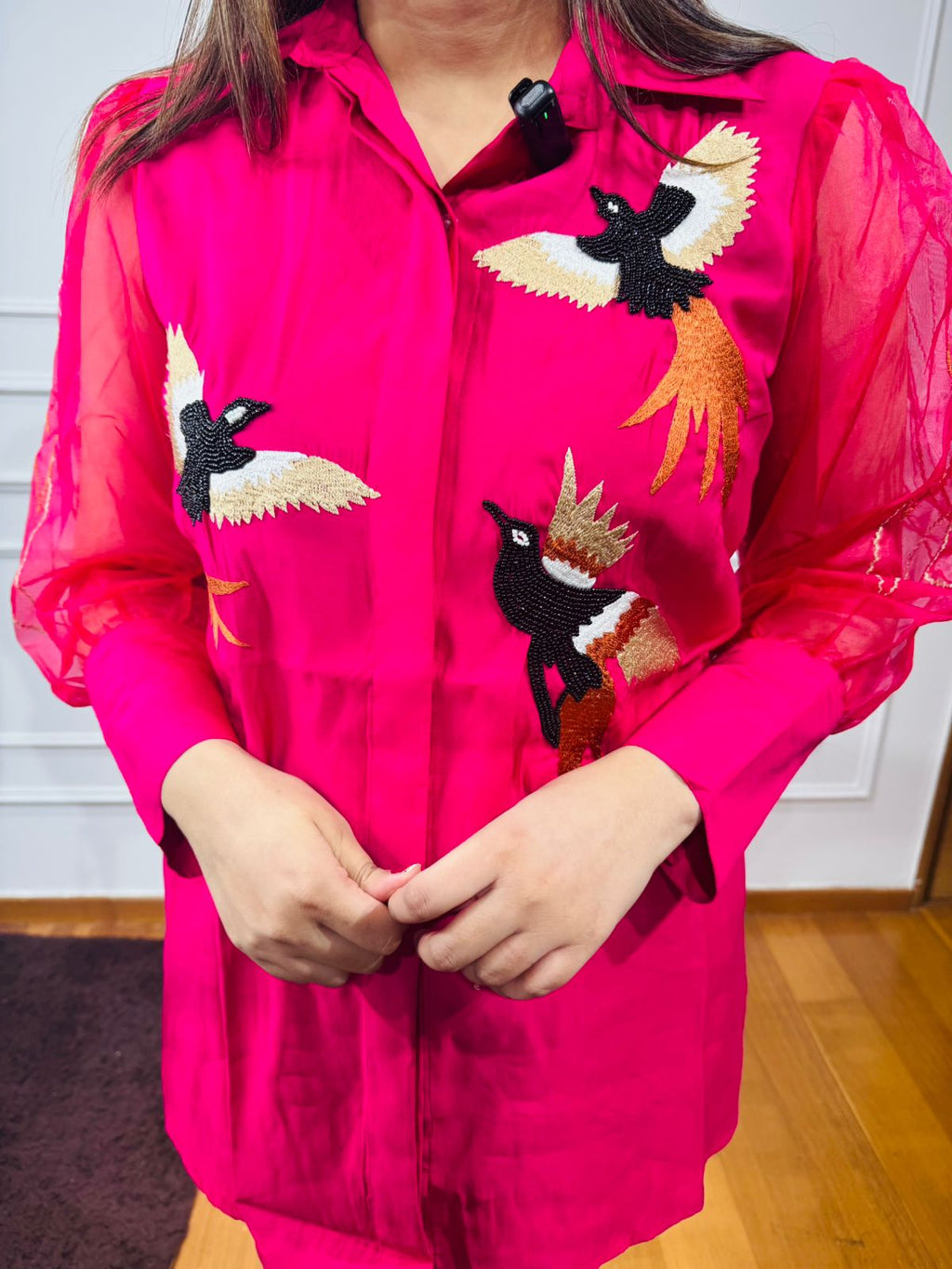 Kalki🐎 | Embroidered Bird Motif Pink Shirt & Pant Set