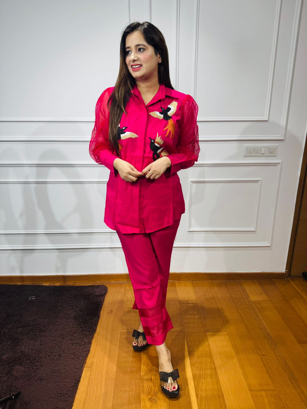 Kalki🐎 | Embroidered Bird Motif Pink Shirt & Pant Set