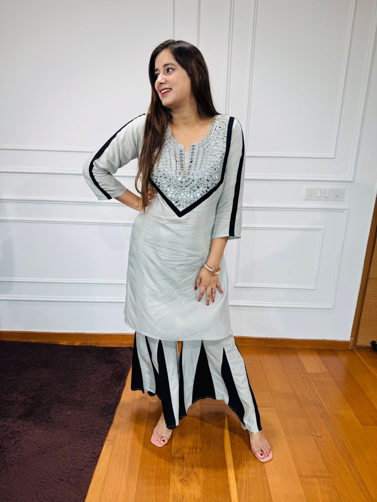 Veera⚔️ | Mint Green Mirror Work Kurta with Black Sharara Palazzo Set